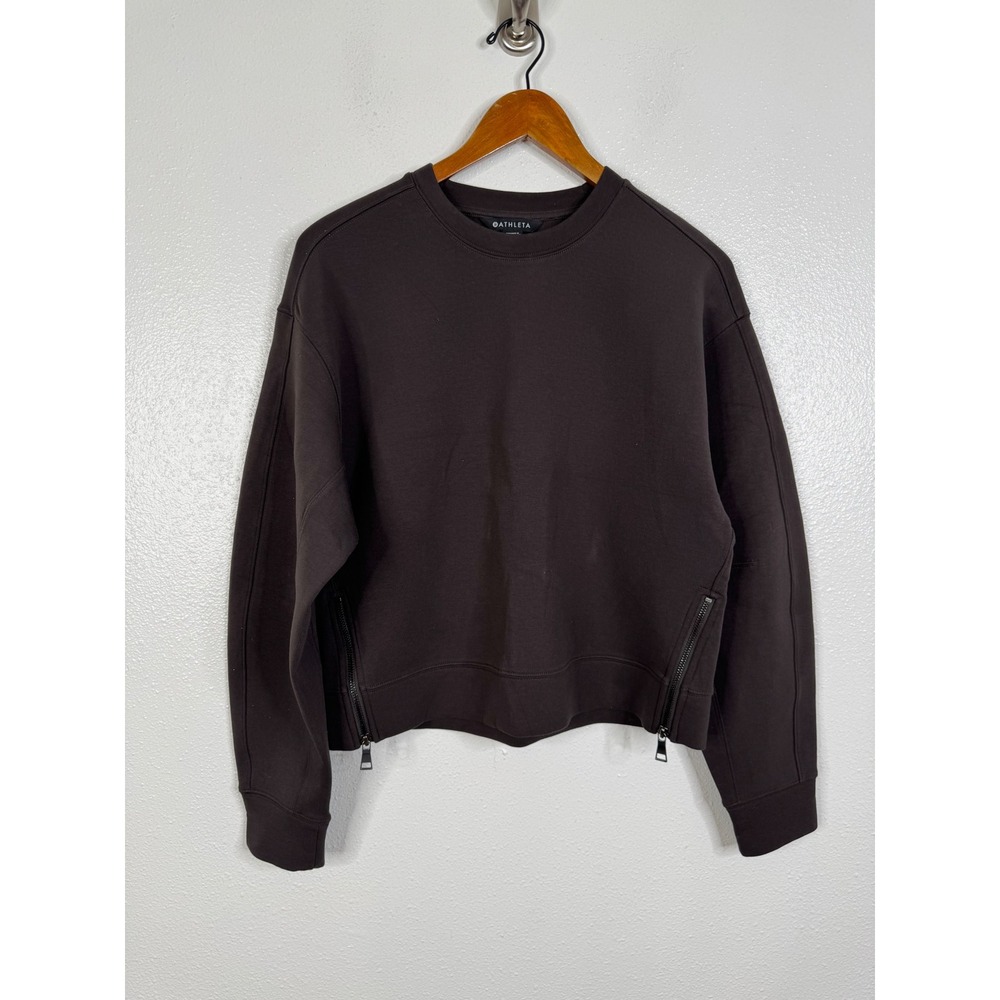 Athleta Form Knit Crew Sweatshirt Brown Side Zip Cropped Pullover 845210-03 S